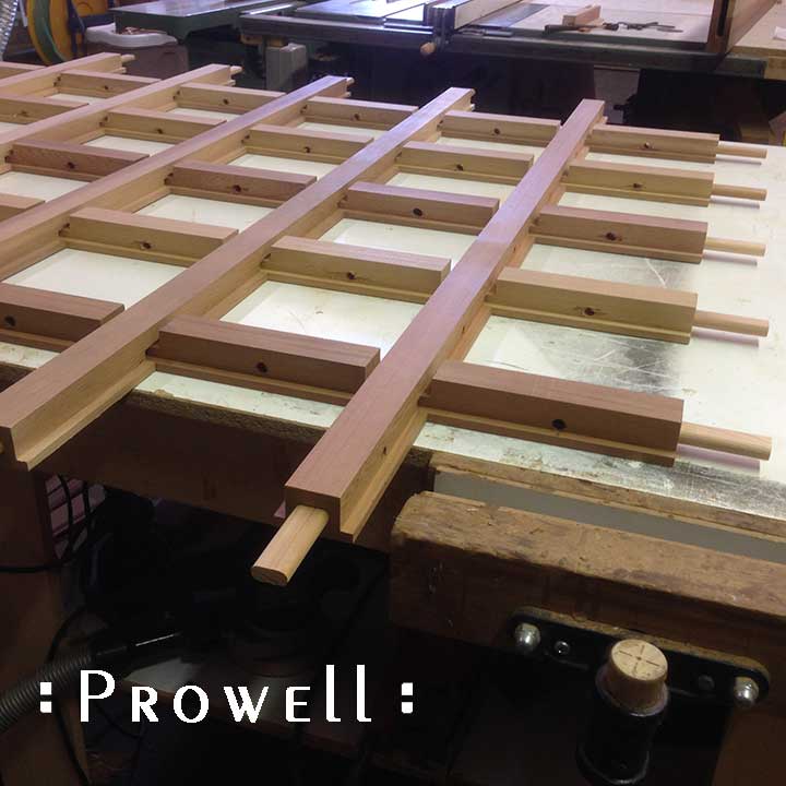 Shop progress photo showing the grid half-lap joinery for automatic privacy driveway gates #7
