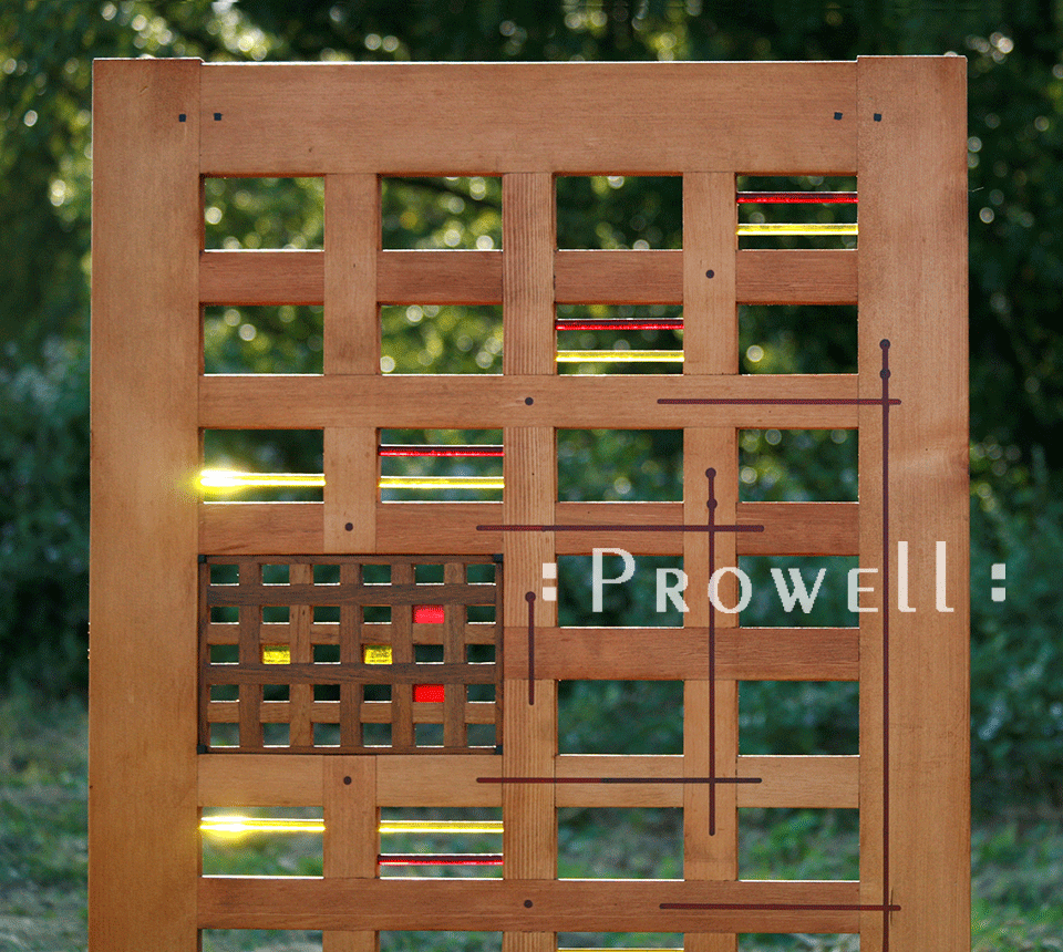 site photo showing the refracting light on the rods for postmodern wood garden gates #201