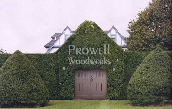 site photos showing craftsman wood gates 24-4 surrounded by a large hedge in Samford, CT