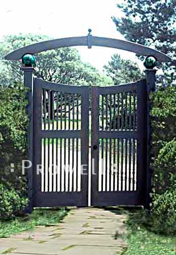 Site photograph showing the early gate design #25-3 with bowling balls in Marin County. California