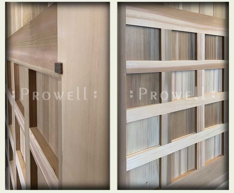 Close-up cropped photos showing the woodworking details for wood gates #110-1