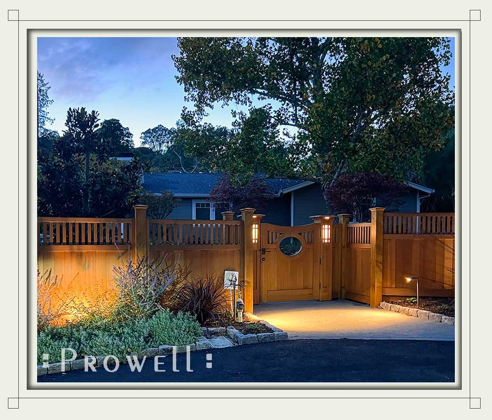 wooden fence #1-24 with lighted wood columns in san rafael, CA